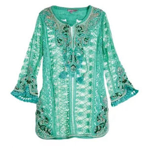 Calypso St. Barth Embellished Lace Tunic Turquoise Silver Beach Cover Up L